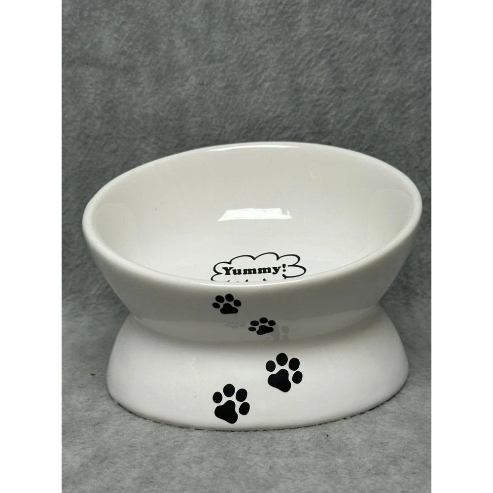 Unbranded Elevated Ceramic Pet Bowl White Tilted Cat Feeder Paw Prints Yummy